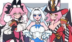 Rule 34 | 3girls, animal ear fluff, animal ears, bare shoulders, black bow, black gloves, black headwear, black skirt, blue eyes, blue leotard, blue ribbon, blush, bow, breasts, cat ears, cat girl, cat tail, choker, cleavage, cloak, closed eyes, coat, corset, crepe, detached collar, detached sleeves, dobrynya nikitich (fate), dobrynya nikitich (third ascension) (fate), dress, dress shirt, eating, epaulettes, fate/grand order, fate (series), food, fox ears, fox girl, fox tail, glasses, gloves, hacco mayu, hair between eyes, hair bow, hairband, hat, highres, koyanskaya (assassin) (second ascension) (fate), koyanskaya (fate), koyanskaya (foreigner) (second ascension) (fate), large breasts, leotard, long hair, long sleeves, looking at viewer, low ponytail, multiple girls, off shoulder, open mouth, pink hair, rabbit ears, red coat, ribbon, shirt, short dress, sidelocks, skirt, smile, tail, tamamo (fate), top hat, twintails, underbust, white cloak, white dress, white hair, white shirt, wide sleeves, yellow eyes