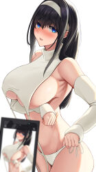 Rule 34 | 1girl, 1other, absurdres, arisugawa ya, arm under breasts, black hair, blue eyes, blurry, blurry foreground, blush, breasts, cellphone photo, depth of field, detached collar, groin, hairband, highres, idolmaster, idolmaster cinderella girls, large breasts, looking at viewer, meme attire, nose blush, panties, sagisawa fumika, side-tie panties, sideboob, sideless outfit, sidelocks, simple background, solo focus, stomach, straight hair, sweatdrop, sweater, underboob, underwear, virgin destroyer sweater, white background, white hairband, white panties, white sweater