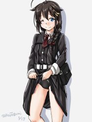 Rule 34 | 1girl, ahoge, alternate costume, bag, belt, black dress, black panties, blue eyes, braid, clothes lift, cowboy shot, dated, dress, dress lift, hair flaps, hair over shoulder, kantai collection, lifted by self, looking at viewer, one eye closed, panties, shigure (kancolle), shigure kai ni (kancolle), simple background, single braid, solo, tatsumi ray, twitter username, underwear, white background, white belt