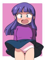 1girl black_skirt blue_eyes blush fang flat_chest long_hair long_sleeves looking_at_viewer open_mouth original panties pink_panties purple_background purple_hair purple_shirt shirt skirt standing surprised underwear wind wind_lift yagami_miyako yume_yoroi