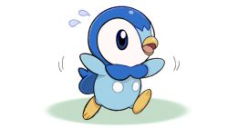 Rule 34 | blue eyes, commentary request, creatures (company), flapping, flying sweatdrops, full body, game freak, gen 4 pokemon, leg up, nintendo, no humans, official art, open mouth, outstretched arms, piplup, pokemon, pokemon (creature), project pochama, solo, toes, tongue, white background