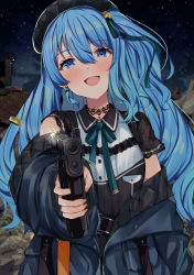 Rule 34 | 1girl, :d, aiming, aiming at viewer, black choker, black hat, black shirt, blue eyes, blue hair, blue jacket, blue ribbon, blush, choker, gun, hair between eyes, hair ribbon, hat, highres, holding, holding gun, holding weapon, hololive, hoshimachi suisei, hoshimachi suisei (streetwear), jacket, long hair, long sleeves, mi taro333, neck ribbon, off shoulder, one side up, open clothes, open jacket, open mouth, ribbon, shirt, short sleeves, smile, solo, star (symbol), star in eye, symbol in eye, upper body, virtual youtuber, weapon