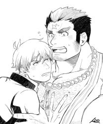 Rule 34 | 2boys, bara, bead necklace, beads, blush, chest hair, couple, cross scar, facial hair, grabbing, greyscale, groping, harada (basashi), houzouin oniwaka, jacket, jewelry, large pectorals, long sideburns, male focus, protagonist 4 (housamo), mature male, monochrome, multiple boys, muscular, muscular male, necklace, open clothes, open jacket, pectoral cleavage, pectoral grab, pectorals, scar, scar on face, scar on forehead, short hair, sideburns, stubble, sweatdrop, thick eyebrows, tokyo houkago summoners, upper body, yaoi