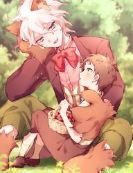Rule 34 | 2boys, :d, aged down, ahoge, amido (compassion273), animal ears, basket, blurry, blurry background, bow, bowtie, brown pants, child, danganronpa (series), danganronpa 2: goodbye despair, dress shirt, fang, food, fruit, grass, grey hair, highres, hinata hajime, holding, jacket, komaeda nagito, messy hair, multiple boys, open clothes, open jacket, open mouth, outdoors, pants, pink shirt, red bow, red bowtie, red jacket, shirt, shoes, short hair, sitting, skin fang, smile, strawberry, striped clothes, striped vest, vest, wolf ears, wolf paws