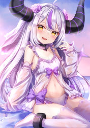 Rule 34 | 1girl, :d, ahoge, babydoll, black choker, blush, bow, choker, demon horns, detached sleeves, flower, frilled panties, frills, grey hair, hair flower, hair ornament, highres, hololive, horns, jewelry, la+ darknesss, long sleeves, looking at viewer, midriff, multicolored hair, navel, no shoes, open mouth, panties, pointy ears, puffy long sleeves, puffy sleeves, purple bow, purple flower, purple hair, ring, sitting, smile, solo, streaked hair, striped horns, thighhighs, underwear, virtual youtuber, wariza, white panties, white thighhighs, yellow eyes, yuano