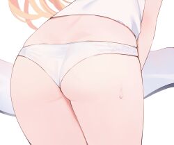 1girl ass ass_focus blonde_hair blue_archive commentary_request cropped from_behind highres long_hair lower_body mari_(blue_archive) mari_(track)_(blue_archive) panties rucaco shirt simple_background solo standing sweatdrop underwear white_background white_panties white_shirt