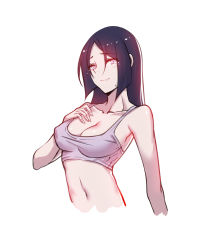 Rule 34 | 1girl, bare arms, bare shoulders, black hair, breasts, collarbone, fate/grand order, fate (series), highres, long hair, looking at viewer, minamoto no raikou (fate), pink hair, simple background, solo, sports bra, stomach, tears, upper body, vest, white background, xion32