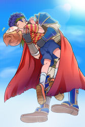 Rule 34 | 2boys, armor, blonde hair, blue hair, blue shorts, blush, cape, carrying, closed eyes, crossover, embarrassed, fire emblem, greaves, headband, highres, hug, ike (fire emblem), kiss, kissing neck, lens flare, lucas (mother 3), male focus, mother (game), multiple boys, nintendo, shirt, short hair, shorts, shy, standing, striped clothes, striped shirt, super smash bros., surprised, vambraces, yaoi