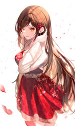 Rule 34 | 1girl, absurdres, adjusting hair, breasts, brown hair, cherry blossoms, closed mouth, collared jacket, commentary, dress, drop earrings, earrings, english commentary, falling petals, flare ghkdus, floral print, flower, hair behind ear, hair flower, hair ornament, highres, jacket, jewelry, long hair, long sleeves, looking at viewer, medium breasts, open clothes, open jacket, orange eyes, original, petals, red dress, red flower, red rose, rose, smile, solo, thighhighs, white background, white jacket, white thighhighs