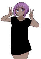 Rule 34 | &gt;:), 1girl, black shirt, blush, closed mouth, collarbone, dark skin, dark-skinned female, double v, fate/prototype, fate/prototype: fragments of blue and silver, fate (series), hands up, hassan of serenity (fate), highres, i.u.y, purple eyes, purple hair, shirt, short hair, short sleeves, simple background, smile, solo, v, v-shaped eyebrows, white background