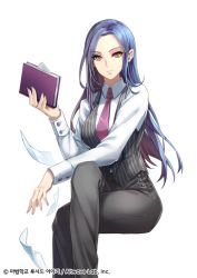 Rule 34 | 1girl, book, copyright name, green eyes, grey pants, grey vest, holding, holding book, invisible chair, crossed legs, looking at viewer, official art, pants, purple hair, sid story, sila (carpen), sitting, vest