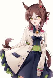 Rule 34 | 1girl, animal ears, ascot, black bow, black skirt, bow, brown hair, buttons, clover hair ornament, cowboy shot, double-breasted, fine motion (umamusume), green vest, hair between eyes, hair ornament, highres, himawari himuka, horse ears, horse girl, horse tail, jacket, long sleeves, looking at viewer, multicolored hair, open mouth, simple background, skirt, smile, solo, streaked hair, tail, umamusume, vest, white ascot, white background, white hair, white jacket, yellow eyes
