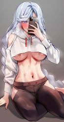 Rule 34 | 1girl, abs, absurdres, bandaid, bandaids on nipples, bare shoulders, black pants, blue eyes, blue hair, blue nails, blush, braid, breasts, breath, cellphone, covered mouth, cropped hoodie, drawstring, foxyreine, full-face blush, genshin impact, grey background, highres, hip vent, holding, holding phone, hood, hood down, hoodie, iphone 11 pro, large breasts, light blue hair, long hair, low-braided long hair, low-tied long hair, nail polish, navel, one eye covered, pants, pasties, phone, selfie, shenhe (genshin impact), sitting, smartphone, solo, stomach, sweat, underboob, very long hair, white hoodie, yoga pants, yokozuwari