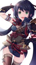 Rule 34 | 1girl, absurdres, armor, black hair, blush, breasts, derori, gloves, hair between eyes, hair ornament, headband, highres, japanese clothes, kamura (armor), long hair, looking at viewer, monster hunter (series), monster hunter rise, open mouth, short hair, simple background, solo, thighhighs, white background