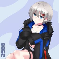 Rule 34 | :3, absurdres, artist name, belt, belt buckle, black choker, black jacket, black shorts, blue eyes, blue jacket, bob cut, bra strap, buckle, choker, closed mouth, collarbone, company name, hair between eyes, hair intakes, hair ornament, hairclip, highres, hood, hood down, hooded jacket, jacket, kuroi omu, logo, long sleeves, looking at viewer, medium hair, midriff, multicolored clothes, multicolored jacket, o-ring, o-ring choker, oversized clothes, paw pose, rurine luna, shorts, silver hair, sitting, sleeves past fingers, sleeves past wrists, stomach, strapless, tank top, thigh strap, tube top, virtual youtuber, wactor production, white belt, white tank top, wide sleeves