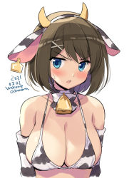 Rule 34 | 1girl, animal ears, animal print, bell, bikini, blue eyes, blush, breasts, brown hair, cleavage, collarbone, cow ears, cow horns, cow print, cowbell, cropped arms, cropped torso, dated, fake animal ears, fake horns, hair ornament, horns, kantai collection, large breasts, maya (kancolle), odawara hakone, one-hour drawing challenge, open mouth, short hair, simple background, solo, swimsuit, twitter username, white background, white bikini, x hair ornament