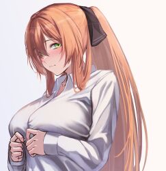 Rule 34 | 1girl, 3 small spiders, arms under breasts, breasts, brown hair, buttons, collared shirt, girls&#039; frontline, green eyes, hair between eyes, hair rings, large breasts, long hair, long sleeves, ponytail, shirt, sidelocks, springfield (girls&#039; frontline), upper body, white background, white shirt