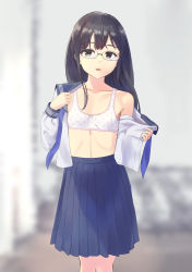 Rule 34 | 1girl, black hair, blue neckerchief, blue skirt, blush, bow, bow bra, bra, breast pocket, breasts, brown eyes, collarbone, glasses, highres, long hair, long sleeves, looking at viewer, neckerchief, onihito, open clothes, open mouth, open shirt, pocket, polka dot, polka dot bra, removing shirt, school uniform, shirt, skirt, small breasts, standing, underwear, undone neckerchief, undressing, white bra, white shirt