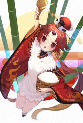 Rule 34 | 1girl, apron, arm up, bamboo, benienma (fate), chestnut mouth, circle, commentary request, fate/grand order, fate (series), full body, hand up, hat, holding, horns, japanese clothes, kimono, long hair, long sleeves, looking at viewer, ohitsu, okobo, open mouth, parted bangs, partial commentary, ponytail, red hair, red kimono, rice, sandals, sidelocks, single horn, solo, suguri (neroli), tassel, white apron, white background, wide sleeves