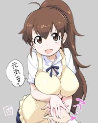 Rule 34 | 1girl, :d, apron, blush, bowieknife, breasts, brown eyes, brown hair, collared shirt, frills, grey background, hand grab, holding hands, impossible clothes, large breasts, long hair, looking at viewer, open mouth, ponytail, pov, ribbon, shirt, signature, simple background, smile, solo focus, speech bubble, taneshima popura, translation request, very long hair, waitress, working!!