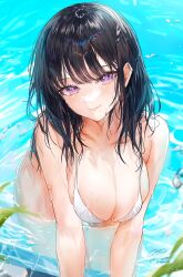 Rule 34 | 1girl, bikini, black hair, breasts, cleavage, commentary request, highres, large breasts, leaning forward, long hair, looking at viewer, mole, mole under eye, original, partially submerged, purple eyes, signature, smile, solo, swimsuit, twitter username, utsuhostoria, wet, wet hair, white bikini