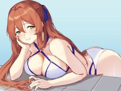 Rule 34 | 1girl, 3 small spiders, absurdres, bikini, breasts, brown hair, cleavage, elbow rest, girls&#039; frontline, hair between eyes, hair rings, hand on own cheek, hand on own face, head on hand, head rest, highres, looking at viewer, lying, o-ring, o-ring bikini, o-ring top, official alternate costume, on stomach, sidelocks tied back, solo, springfield (girls&#039; frontline), springfield (stirring mermaid) (girls&#039; frontline), swimsuit, white bikini