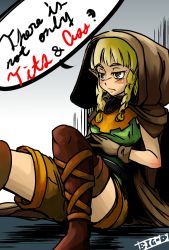 Rule 34 | 1girl, big-d, blonde hair, boots, braid, brown eyes, cloak, dragon&#039;s crown, elf, elf (dragon&#039;s crown), english text, engrish text, female focus, gloves, gradient background, highres, hood, hooded cloak, pointy ears, ranguage, shorts, solo, thigh boots, thighhighs, twin braids