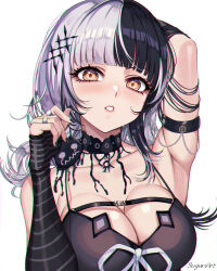 Rule 34 | 1girl, armpit crease, bare shoulders, black choker, black hair, black nails, blush, breasts, choker, cleavage, grey hair, hair ornament, highres, hololive, hololive english, large breasts, long hair, looking at viewer, multicolored hair, parted lips, ruby suguri, shiori novella, shiori novella (1st costume), solo, split-color hair, two-tone hair, upper body, virtual youtuber, yellow eyes