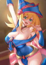 Rule 34 | 1girl, bare shoulders, blonde hair, blue dress, blue hat, blush, breasts, cleavage, collarbone, dark magician girl, detached sleeves, dress, duel monster, green eyes, hat, hexagram, highres, jewelry, large breasts, long hair, looking at viewer, neck ring, open mouth, pendant, smile, solo, witch hat, xiujia yihuizi, yu-gi-oh!, yu-gi-oh! duel monsters