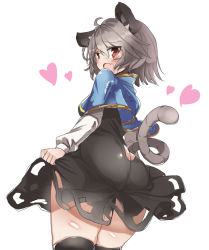 Rule 34 | 1girl, ahoge, animal ears, ass, ass cutout, blush, capelet, clothing cutout, curtsey, dress, fang, from behind, grey hair, heart, lovestruck, mouse ears, mouse tail, nazrin, no panties, open mouth, red eyes, short dress, short hair, skindentation, solo, tail, tail through clothes, takimoto yukari, thighhighs, thighs, tight clothes, touhou, tsurime, wedgie, zettai ryouiki