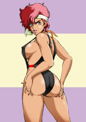 Rule 34 | 1980s (style), 1girl, ass, ass grab, black one-piece swimsuit, breasts, brown eyes, covered erect nipples, cowboy shot, dirty pair, earrings, female focus, from behind, groin, highres, jewelry, kei (dirty pair), kugayama hodai, large breasts, legs, legs apart, looking at viewer, looking back, medium hair, nail polish, oldschool, one-piece swimsuit, open mouth, red hair, red nails, retro artstyle, sideboob, simple background, smile, solo, standing, swimsuit, thighs, two-tone background