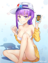 Rule 34 | 1girl, :d, absurdres, ass, bandeau, bare shoulders, baseball cap, bb (fate), bb (fate) (all), bb (swimsuit mooncancer) (fate), bb (swimsuit mooncancer) (first ascension) (fate), bikini, blush, braid, breasts, cellphone, cleavage, collarbone, fate/grand order, fate (series), gradient background, hands up, hat, hat ornament, highres, holding, holding phone, ibning27, jacket, large breasts, leg up, long hair, long sleeves, looking at viewer, miniskirt, off shoulder, open mouth, phone, purple eyes, purple hair, shadow, sidelocks, simple background, sitting, skirt, smartphone, smile, smirk, solo, star (symbol), star hat ornament, swimsuit, teeth, thighs, twitter username, white bikini, white hat, yellow jacket, yellow skirt