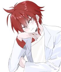 Rule 34 | 1boy, blush, braid, closed mouth, grey background, haep0912, highres, lab coat, long sleeves, looking at viewer, maeno aki, male focus, off-shoulder shirt, off shoulder, red eyes, red hair, red tank top, shirt, short hair, short hair with long locks, simple background, sketch, smile, solo, tank top, white shirt, zeno (game)