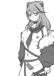 Rule 34 | 1girl, absurdres, adapted costume, animal ears, arknights, bare shoulders, bear ears, belt, blush, choker, cowboy shot, cuishui, detached collar, fur-trimmed jacket, fur trim, highres, jacket, long hair, looking to the side, monochrome, naked jacket, necktie, nipples, pubic hair, revealing clothes, simple background, solo, standing, thigh strap, zima (arknights)