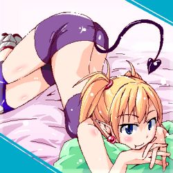 Rule 34 | 1girl, aq interactive, arcana heart, atlus, bed, blonde hair, blue eyes, blush, earrings, examu, fang, jewelry, lilica felchenerow, looking at viewer, lowres, lying, natsumi akira, pointy ears, smile, solo, tail