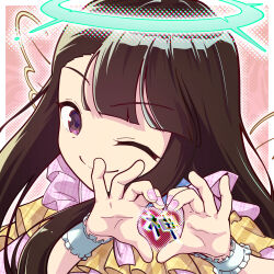 Rule 34 | 1girl, absurdres, asymmetrical bangs, blunt bangs, brown hair, commentary request, frills, halo, heart, heart hands, highres, long hair, one eye closed, original, pink nails, portrait, purple eyes, smile, solo, translation request, wings, wrist cuffs, yano keito