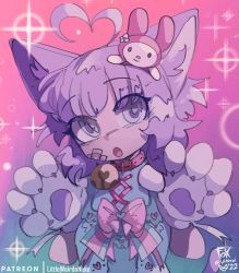 Rule 34 | 1girl, :o, animal ears, animal hands, bandages, cat ears, cat paws, collar, foxinshadow, highres, looking at viewer, my melody, onegai my melody, open mouth, original, purple eyes, purple hair, ribbon, sanrio, short hair, solo, sparkle