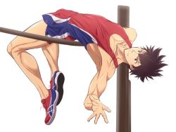 Rule 34 | 1boy, adam&#039;s apple, bare arms, bare shoulders, brown eyes, brown hair, closed mouth, collarbone, eyebrows, hair between eyes, high jump, jersey, jumping, kanata hoshijima, kanata no astra, male focus, pale skin, pole vault, scar, scar on face, shoes, short hair, shorts, simple background, sleeveless, smile, sneakers, solo, solo focus, spiked hair, sportswear, sweat, thighs, uraki4036, white background