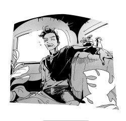 Rule 34 | 1boy, blanket, car, chair, crowley (good omens), good omens, greyscale, hand up, highres, long sleeves, looking at viewer, male focus, midriff peek, monochrome, motor vehicle, one eye closed, pants, plant, potted plant, robodumpling, shirt, short hair, sitting, squeans, teardrop, upper body, very short hair, yawning