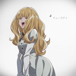 Rule 34 | 1girl, blonde hair, blue eyes, carole &amp; tuesday, character name, dingdaydream, dress, eighth note, freckles, long hair, long sleeves, music, musical note, open mouth, puffy sleeves, simple background, singing, solo, standing, tuesday simmons, very long hair, wavy hair, white dress