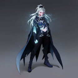 Rule 34 | 1girl, abstract background, arm behind back, armor, blood, blood on face, blue cape, blue shawl, blue skin, blue theme, boyang zhu, braid, breasts, cape, clenched hand, closed mouth, colored skin, commentary, concept art, dongho kang, dota (series), dota 2, drow ranger (dota), drow ranger (dread retribution) (dota), english commentary, floating hair, full body, glowing, glowing eyes, glowing skin, grey background, hair between eyes, high ponytail, highres, ice, large breasts, legs apart, long hair, looking at viewer, midriff, multi-tied hair, navel, official alternate costume, official art, popped collar, red eyes, shadow, shawl, shoulder armor, solo, standing, tachi-e, white hair