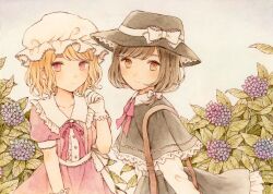 Rule 34 | 2girls, absurdres, black capelet, black hat, blonde hair, bow, braid, brown eyes, brown hair, capelet, closed mouth, commentary request, dress, fedora, flower, hat, hat bow, highres, hydrangea, ichigo (ichigoxxusagi), looking at viewer, maribel hearn, mob cap, multiple girls, outdoors, partial commentary, pink eyes, plant, purple dress, short hair, short sleeves, side braid, single braid, smile, touhou, traditional media, usami renko, white background, white bow, white hat