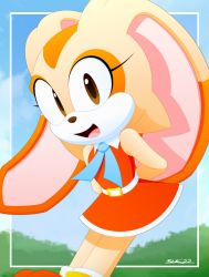 Rule 34 | 1girl, arms behind back, belt, brown eyes, cream the rabbit, dress, eyelashes, furry, highres, long ears, looking at viewer, nature, necktie, outdoors, rabbit ears, sega, sky, slickehedge, smile, solo, sonic (series), sonic (series), standing