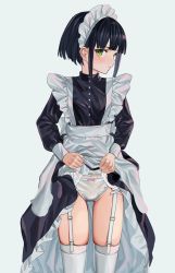 Rule 34 | 1girl, apron, black dress, black hair, blush, closed mouth, clothes lift, dress, dress lift, garter straps, green eyes, highres, lifting own clothes, looking at viewer, luicent, maid, maid headdress, original, panties, short hair, sidelocks, simple background, skindentation, solo, thighhighs, underwear, white apron, white panties, white thighhighs