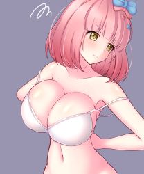 Rule 34 | 1girl, arms behind back, bare shoulders, blunt bangs, bow, bra, breasts, chieru (princess connect!), cleavage, closed mouth, collarbone, commentary request, frown, grey background, hair bow, hair ornament, head tilt, highres, large breasts, medium hair, navel, pink hair, princess connect!, removing bra, simple background, solo, squiggle, star (symbol), star hair ornament, strap slip, tagu c0032, underwear, upper body, v-shaped eyebrows, white bra, yellow eyes