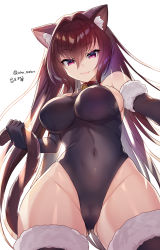 Rule 34 | 1girl, :3, animal ears, bell, black gloves, black leotard, black thighhighs, breasts, brown hair, cat ears, cat girl, cat tail, choker, commentary request, covered navel, elbow gloves, fate/grand order, fate (series), fur trim, gloves, hair between eyes, hair intakes, hanasaki mahiru, highres, kittysuit, large breasts, leotard, long hair, looking at viewer, neck bell, nontraditional playboy bunny, pink eyes, red choker, scathach (fate), sideboob, smile, solo, tail, thighhighs, twitter username, very long hair