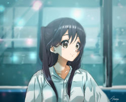 Rule 34 | 1girl, bad id, bad pixiv id, black hair, blurry, blurry background, brown eyes, closed mouth, collared shirt, commentary request, eyebrows hidden by hair, highres, k-on!, lens flare, light blush, long hair, long sleeves, looking to the side, nakano azusa, shirt, sidelocks, signature, smile, solo, upper body, verse, white shirt