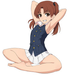 Rule 34 | 1girl, armpits, arms behind head, barefoot, blush, breasts, brown eyes, brown hair, full body, girls und panzer, highres, jacket, kadotani anzu, looking at viewer, military, military uniform, miniskirt, ooarai military uniform, parted lips, pleated skirt, shiny skin, simple background, sitting, skirt, small breasts, smile, solo, teeth, twintails, uniform, wata do chinkuru, white background, white skirt