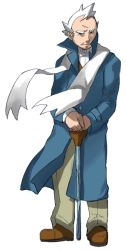 Rule 34 | 1boy, absol (dkqthf), blue coat, brown footwear, buttons, cane, closed mouth, coat, commentary request, creatures (company), full body, game freak, green pants, holding, holding cane, long sleeves, looking at viewer, male focus, nintendo, old, old man, pants, pokemon, pokemon hgss, pryce (pokemon), scarf, shoes, short hair, solo, white hair, white scarf