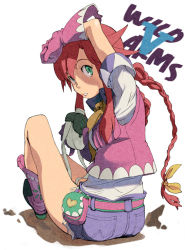 Rule 34 | 1girl, belt, blue shorts, boots, braid, copyright name, cowboy boots, full body, gloves, green eyes, knee boots, long hair, looking back, pink footwear, pink gloves, rebecca streisand, red hair, shorts, sitting, solo, taut clothes, twin braids, cowboy western, white background, wild arms, wild arms 5